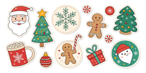 Fototapeta premium Colorful holiday stickers featuring Santa, Christmas trees, gingerbread cookies, and festive ornaments for seasonal celebrations