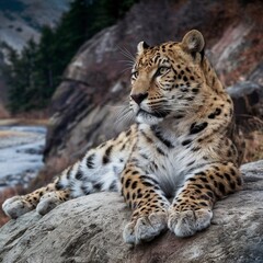Fototapeta premium Stunning high-resolution images of the rare and endangered Amur leopard in its natural habitat. Perfect for wildlife, conservation, and nature-themed projects.