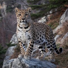 Obraz premium Stunning high-resolution images of the rare and endangered Amur leopard in its natural habitat. Perfect for wildlife, conservation, and nature-themed projects.