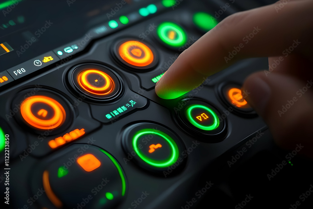Poster close-up of a finger pressing a glowing button on a futuristic control panel.