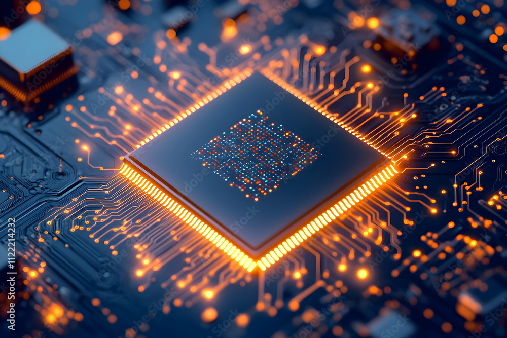 Poster close-up of a glowing computer processor on a circuit board.