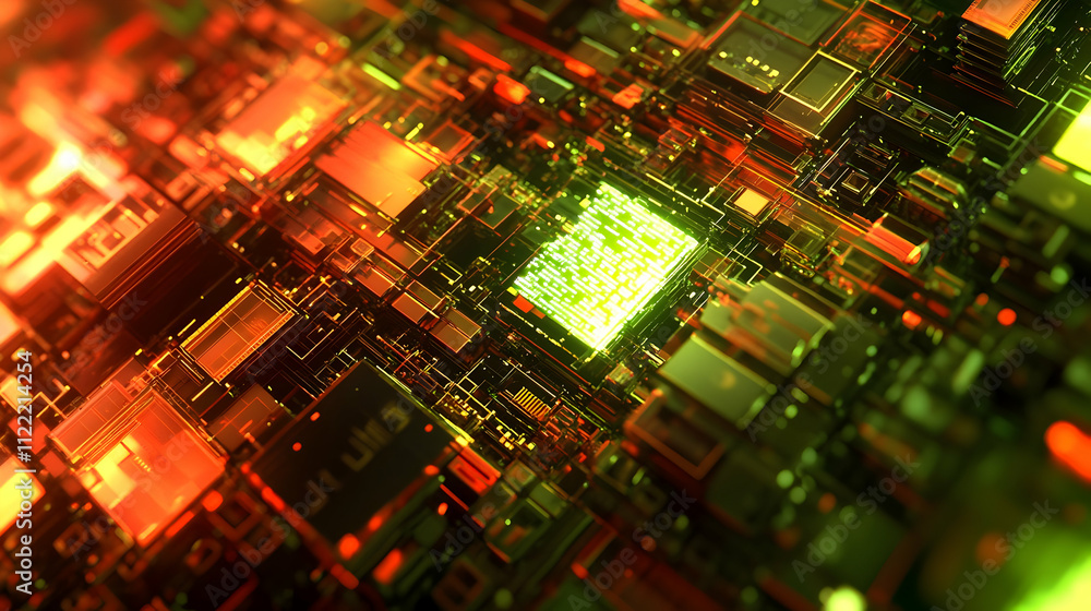 Poster close-up of a glowing green microchip surrounded by intricate circuitry on a motherboard.
