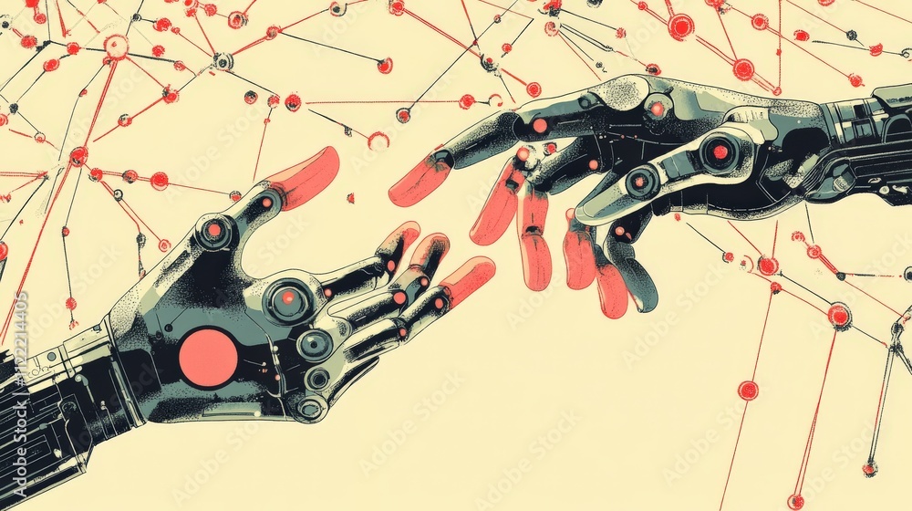Poster robotic hands reaching across a network connection