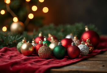 Close up of sparkling Christmas ornaments on a red velvet cloth  festive holiday scene.