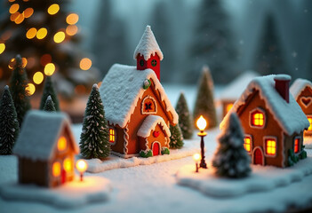 Naklejka premium Enchanted gingerbread village nestled in a snowy winter scene illuminated by warm lights.