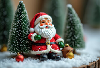 Santa Claus in snowy Christmas tree scene.