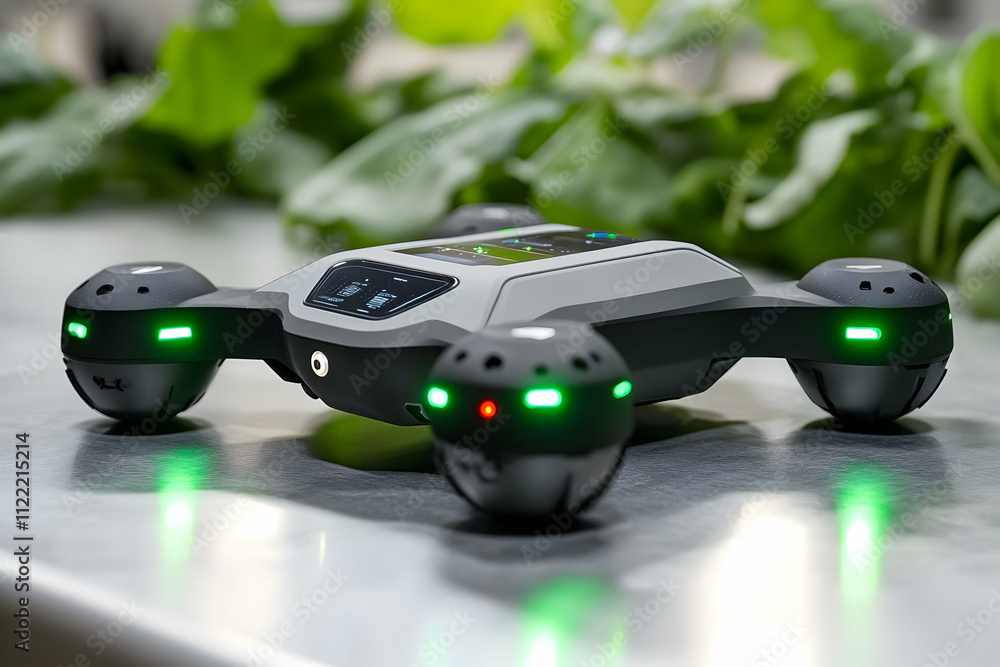 Poster close-up of a small, grey robot with green lights on a metallic surface.