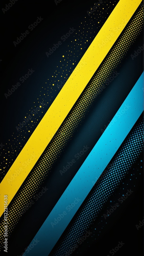 Poster abstract diagonal lines in blue and yellow with dotted patterns on black background