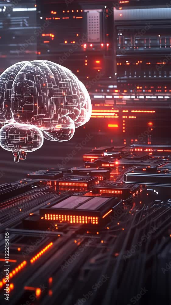 Poster futuristic digital brain hovering over a complex network of circuits and lights
