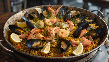 seafood paella in a pan