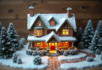 Fototapeta premium A charming snow covered house with warm lights creating a cozy winter scene.