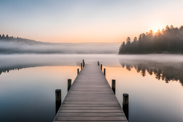 Fototapeta premium Simplistic Lake Dock at Sunrise with Foggy and Calm Waters 