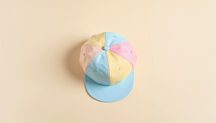Colorful children's cap mockup on pastel background for apparel branding and design concepts