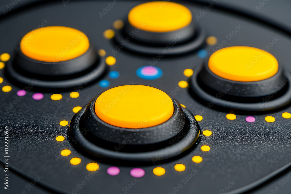 Poster close-up of four orange buttons on a black control panel with colorful lights.