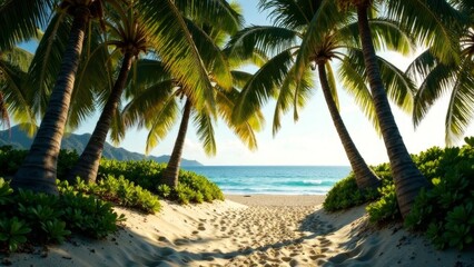 Obraz premium A beach with palm trees and a clear blue ocean
