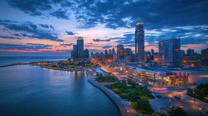 Obraz premium City skyline at twilight, waterfront, buildings, lights.