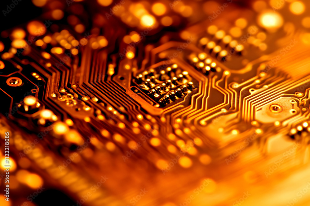 Poster close-up of golden circuit board with intricate pathways and components.