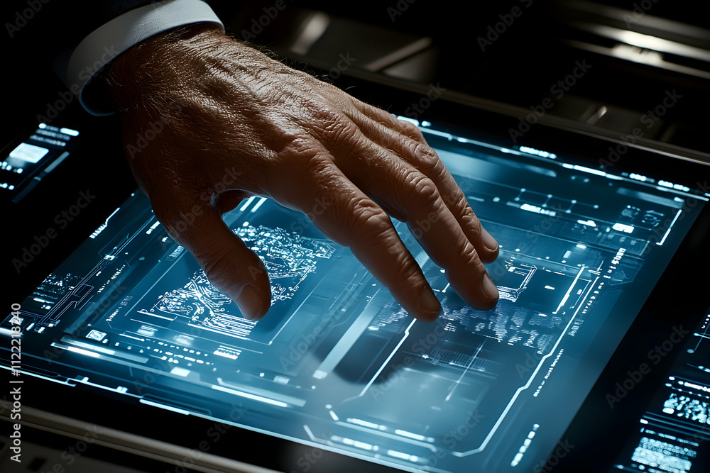 Poster close-up of hand interacting with futuristic touchscreen interface.