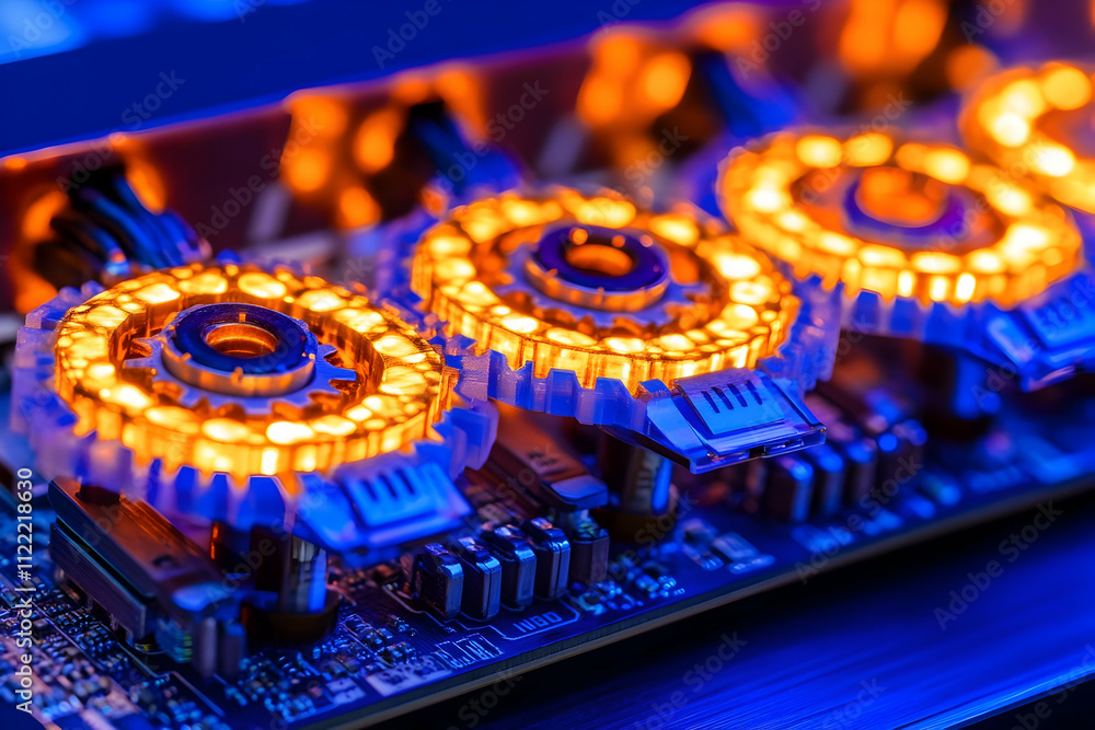 Poster close-up of illuminated circuit board components.