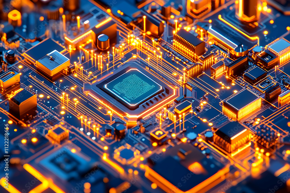 Poster close-up of illuminated circuit board with central processor. (1)