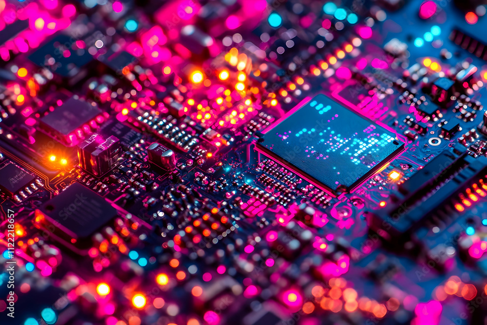 Poster close-up of illuminated circuit board with central processor.