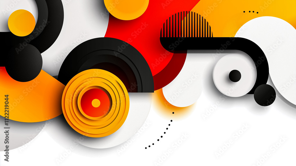 Poster colorful geometric shapes are arranged in a minimalist design, creating a striking visual impact and