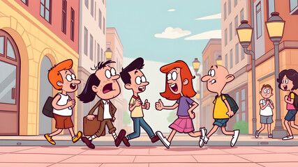A cartoonish drawing of a group of children crossing a street
