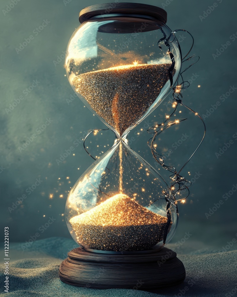 Poster glowing hourglass captures the shimmer of time flowing elegantly in a tranquil setting