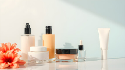 A collection of beauty products, including a bottle of lotion