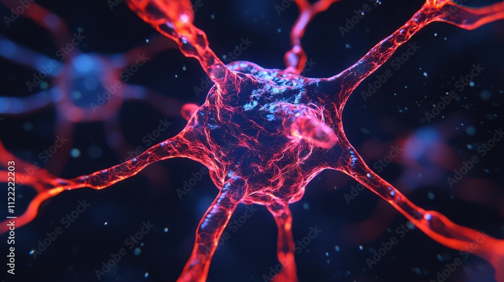 Poster a vivid depiction of a neuron surrounded by vibrant colors, illustrating the complexity of neural ne