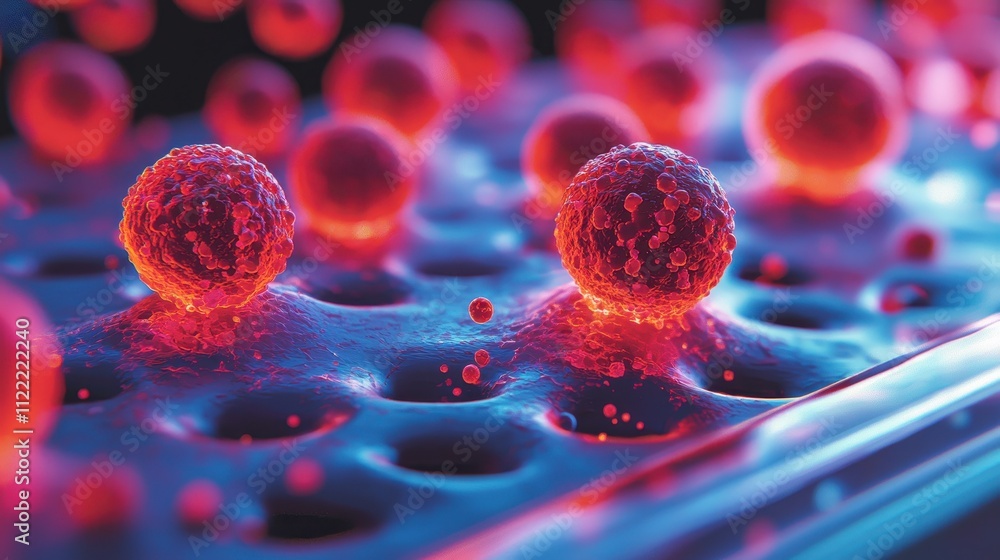Poster a vibrant, close-up view of spherical particles on a textured surface, showcasing intricate details 