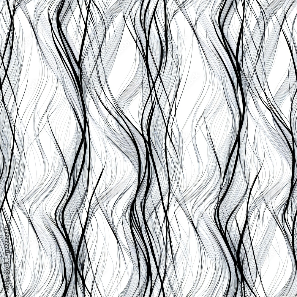 Poster elegant seamless pattern featuring black and white wavy lines with a dynamic, flowing texture for mo