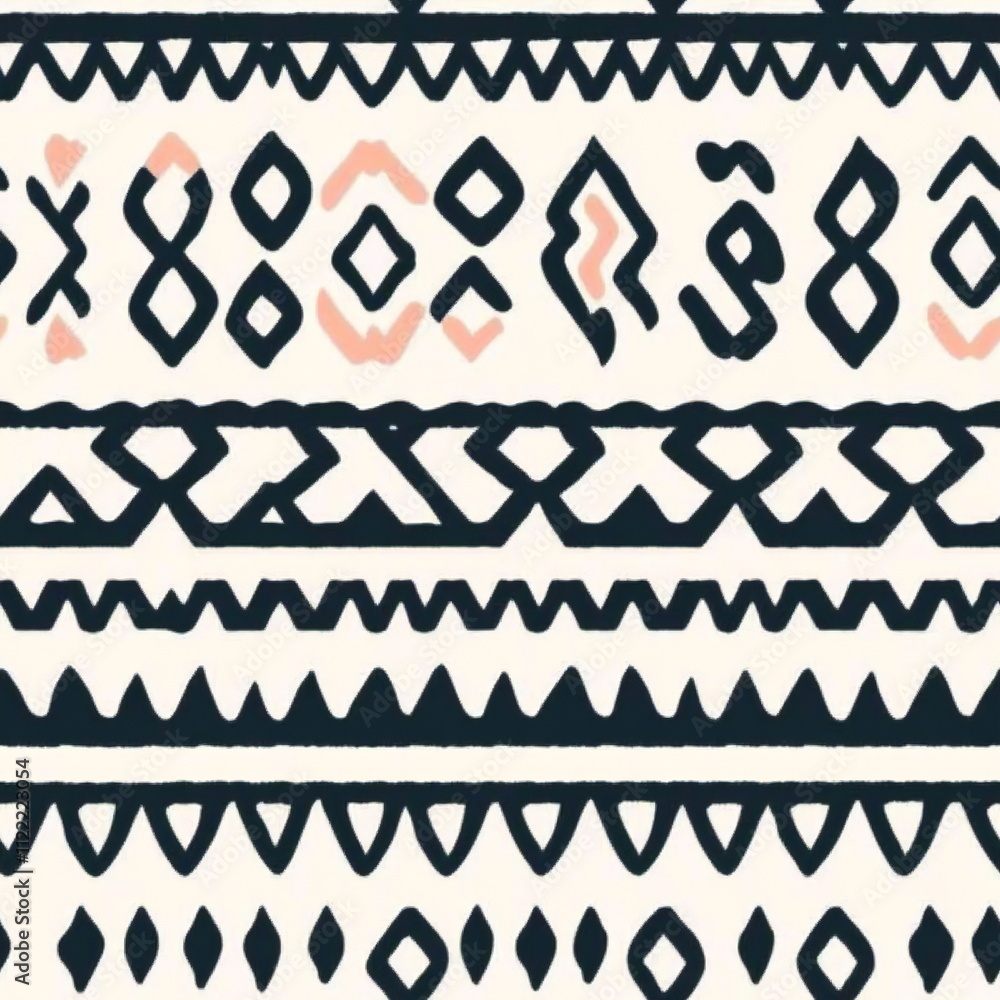 Poster an intricate geometric seamless pattern featuring diverse ethnic motifs set against a light backgrou