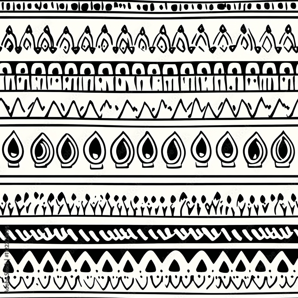 Poster stylish black and white seamless pattern featuring diverse geometric shapes and decorative lines for
