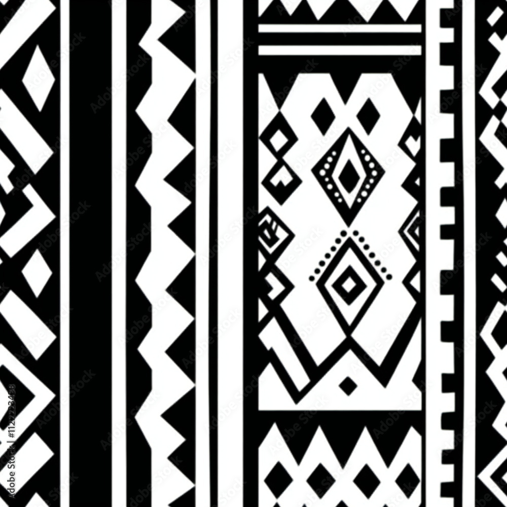 Poster seamless black and white geometric pattern with intricate designs and contrasting shapes suitable fo