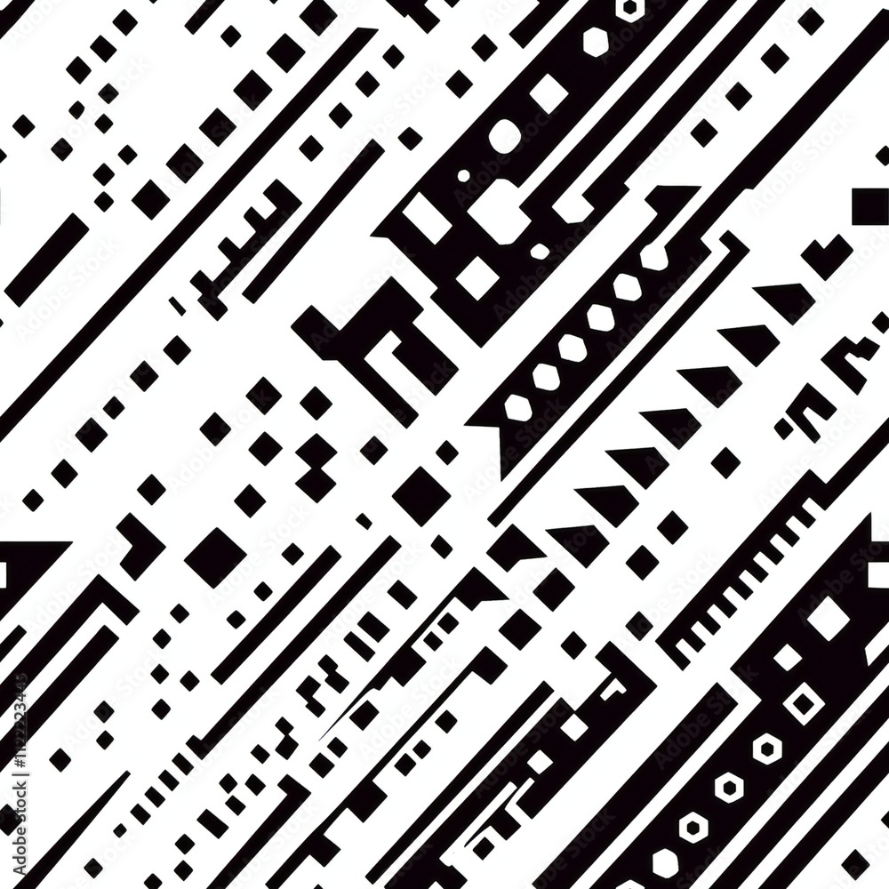 Poster geometric seamless pattern featuring bold black and white shapes in dynamic arrangement for modern d