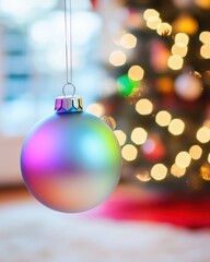 Fototapeta premium Shimmering Christmas Ornament Hanging Before a Beautifully Decorated Tree With Glowing Lights