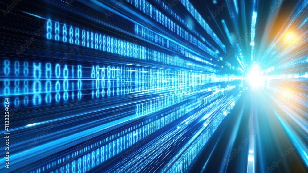 Poster Dynamic Blue Binary Code and Arrows Illustrate Innovative Growth Pathways
