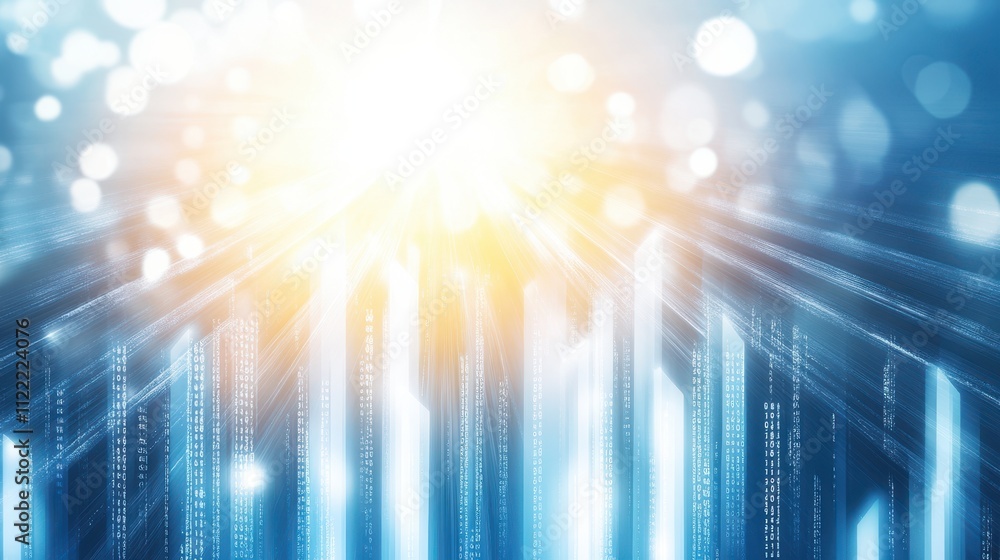 Poster Growth and Progress Represented by Upward Arrows and Vibrant Blue Binary Code in a Digital Landscape