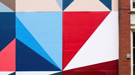 Colorful geometric mural featuring various shapes and hues on a building exterior.
