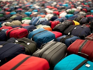 Fototapeta premium Colorful luggage waiting for tourists at airport or train station. Vacations and holidays