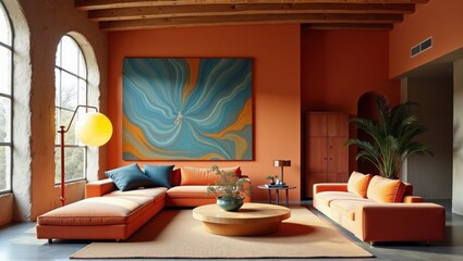 Fototapeta premium Modern living room interior with vibrant orange sofa, abstract art, wooden ceiling, and lush greenery outside. Generative, AI,