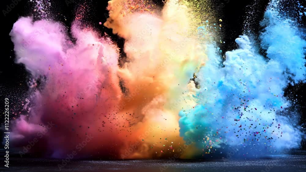 Poster a colorful explosion of powdery dust is shown in the image. the colors are vibrant and the dust is s