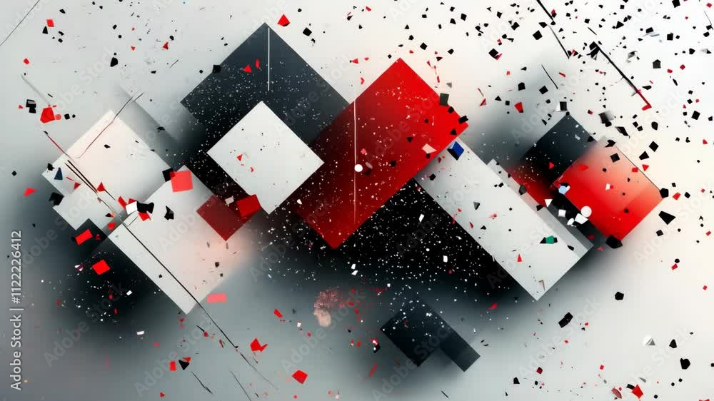 Poster a colorful abstract painting with red, black, and white squares. the painting is full of energy and 