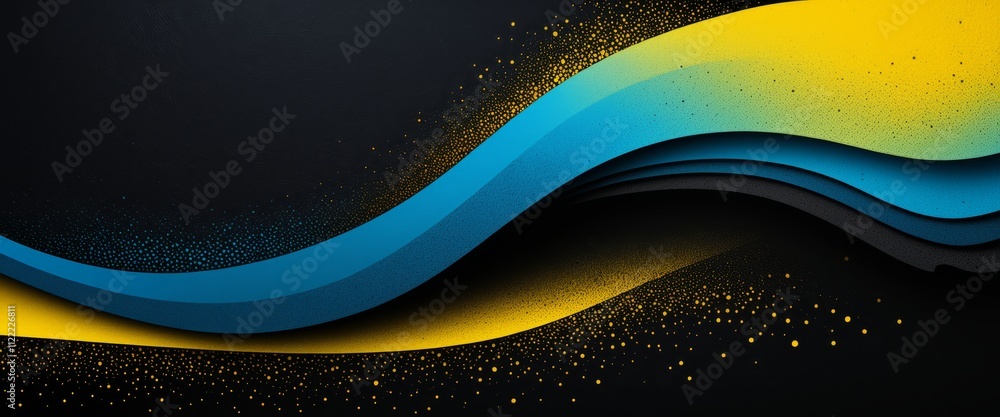 Poster dynamic abstract wave design with blue and yellow layers on black background