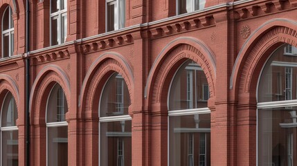 Obraz premium Detailed view of a red brick building with arched windows and intricate architectural design.