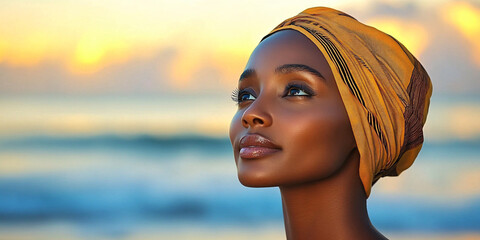 A contemplative Central African woman at sunrise on the beach, perfect for wellness themes, motivational content, or holiday imagery focused on reflection and tranquility.