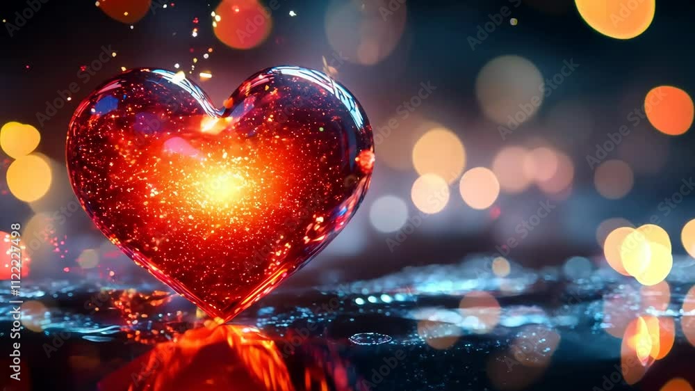 Poster a heart with a light inside of it is floating on a dark blue background. the heart is surrounded by 