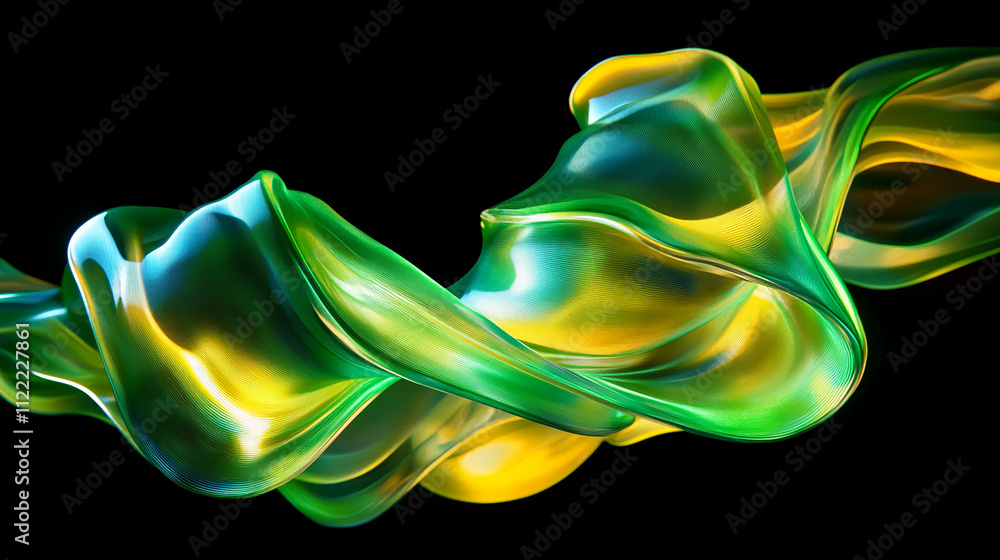 Aufkleber flowing green and yellow fabric creates a dynamic abstract pattern against a black background. abstr