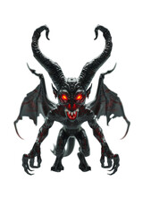 Fototapeta premium A menacing creature with large horns, glowing red eyes, bat-like wings, and sharp claws, exuding a dark and sinister presence.
